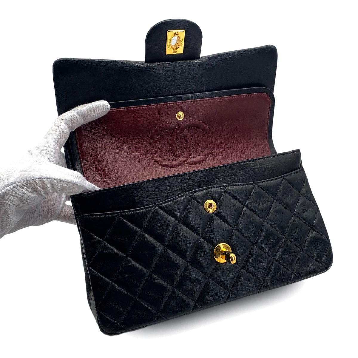 PURPOSE VINTAGE CHANEL CLASSIC FLAP SMALL CHAIN SHOULDER BAG BLACK LAMB SKIN GOLD HARDWARE 90325337