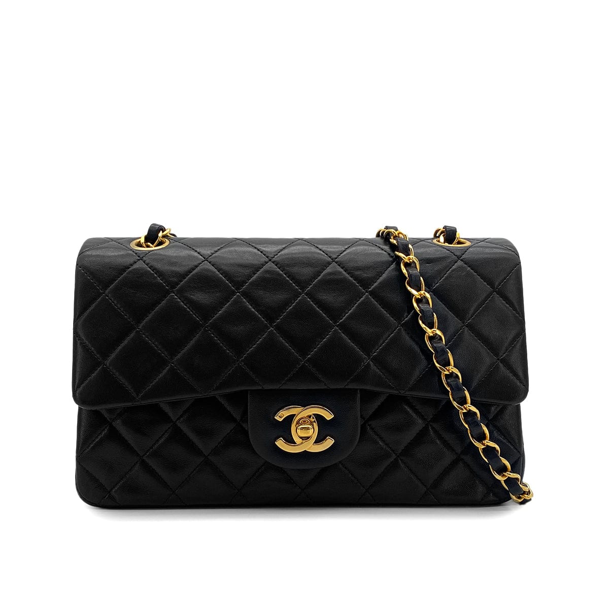PURPOSE VINTAGE CHANEL CLASSIC FLAP SMALL CHAIN SHOULDER BAG BLACK LAMB SKIN GOLD HARDWARE 90325337