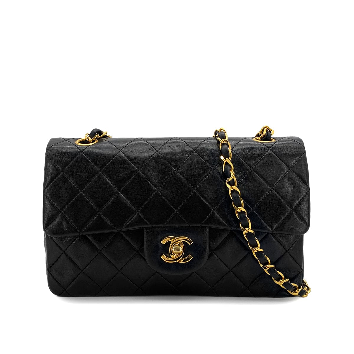 PURPOSE VINTAGE CHANEL CLASSIC FLAP SMALL CHAIN SHOULDER BAG BLACK LAMB SKIN GOLD HARDWARE 90327149