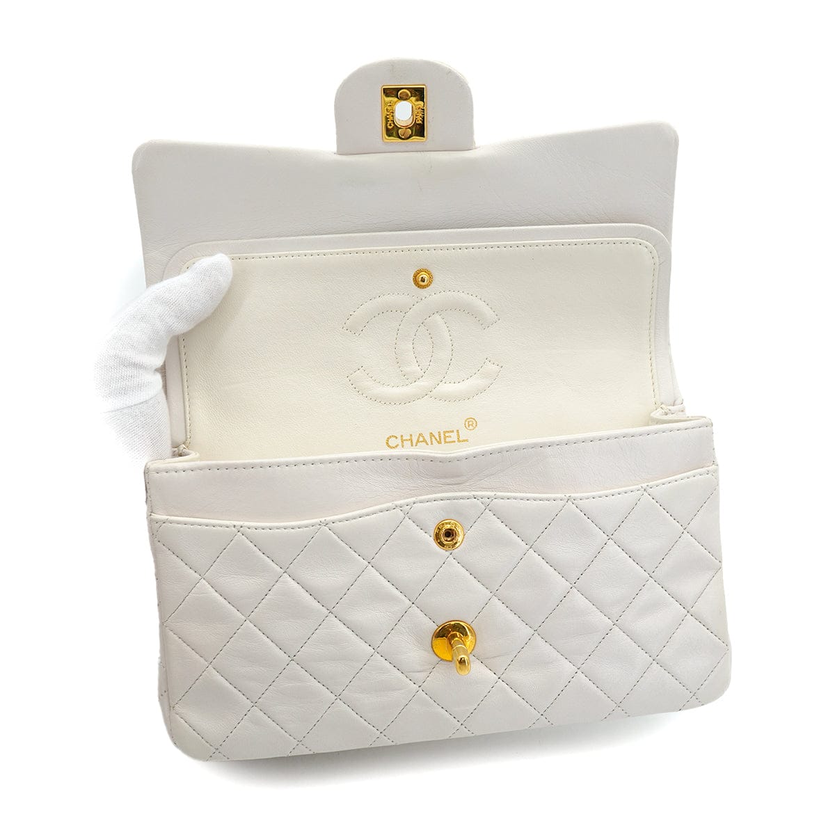PURPOSE VINTAGE CHANEL CLASSIC FLAP SMALL CHAIN SHOULDER BAG WHITE LAMB SKIN GOLD HARDWARE 90327083
