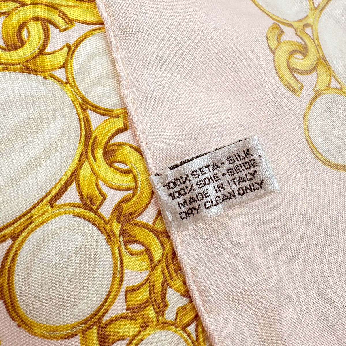PURPOSE VINTAGE CHANEL COCOMARK CHAIN PATTERN SCARF PINK GOLD SILK 90323495