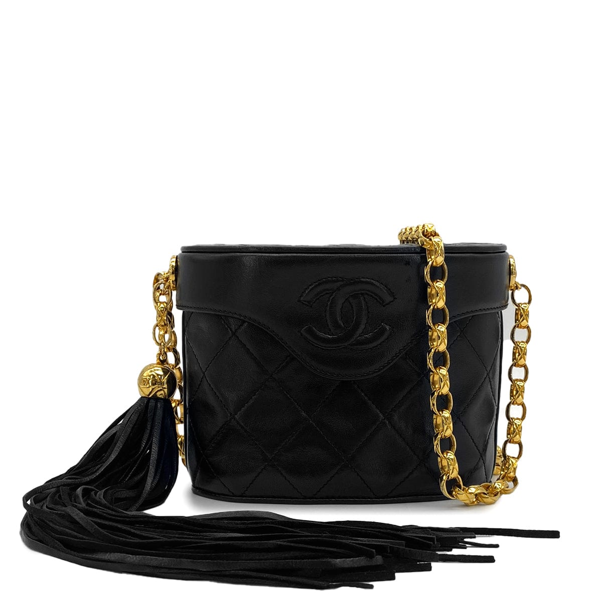 PURPOSE VINTAGE CHANEL COCOMARK FRINGE BIJOU CHAIN SHUOLDER BAG BLACK LAMB SKIN GOLD HARDWARE 90325349