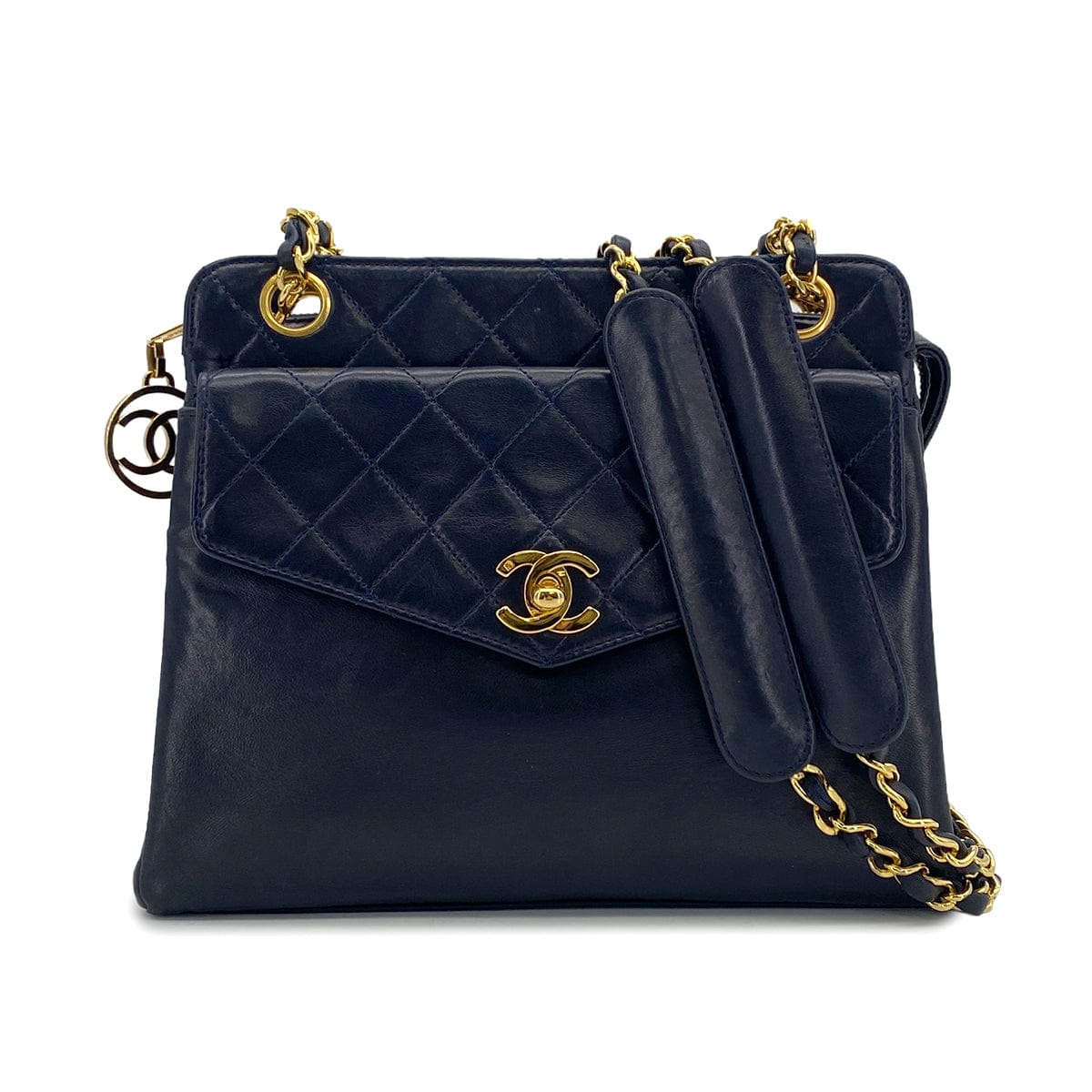 PURPOSE VINTAGE CHANEL COCOMARK MATELASSE CHAIN SHOULDER BAG NAVY LAMB SKIN GOLD HARDWARE 90326854