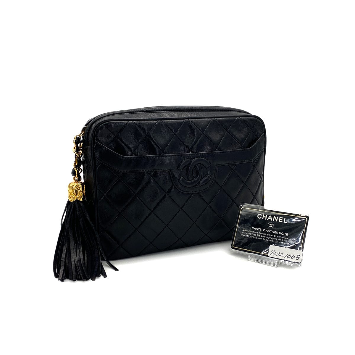 PURPOSE VINTAGE CHANEL COCOMARK MATELASSE FRINGE CHAIN SHUOLDER BAG BLACK LAMB SKIN GOLD HARDWARE 90321008