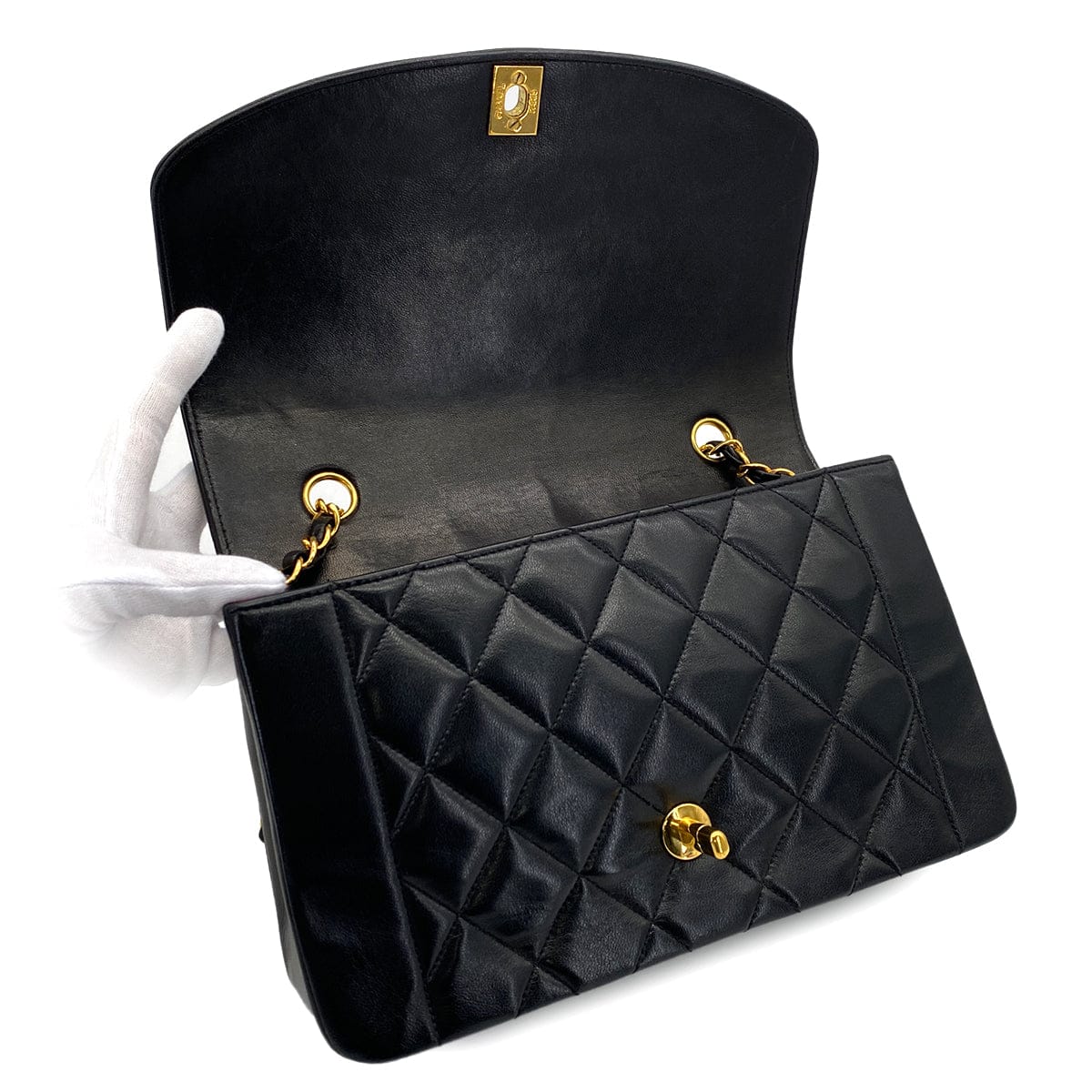 PURPOSE VINTAGE CHANEL DIANA MEDIUM CHAIN SHOULDER BAG BLACK LAMB SKIN GOLD HARDWARE 90321150