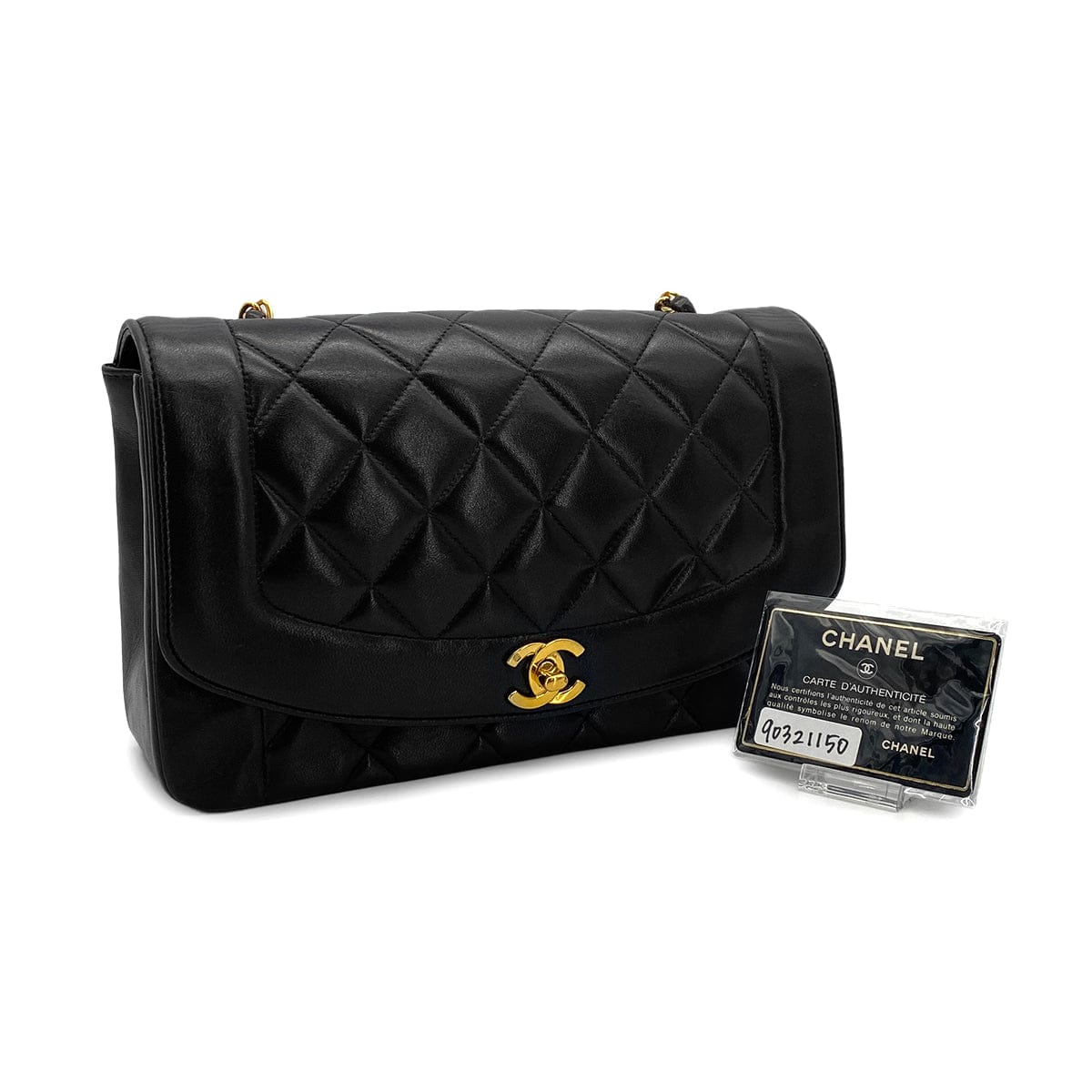 PURPOSE VINTAGE CHANEL DIANA MEDIUM CHAIN SHOULDER BAG BLACK LAMB SKIN GOLD HARDWARE 90321150