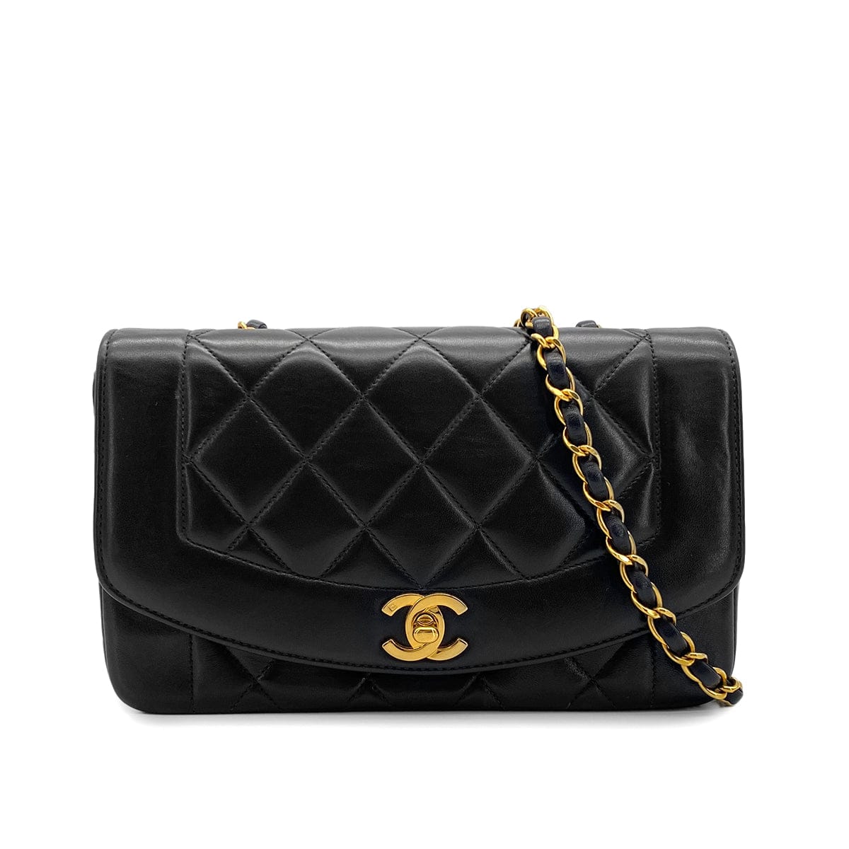 PURPOSE VINTAGE CHANEL DIANA SMALL CHAIN SHOULDER BAG BLACK LAMB SKIN GOLD HARDWARE 90324829
