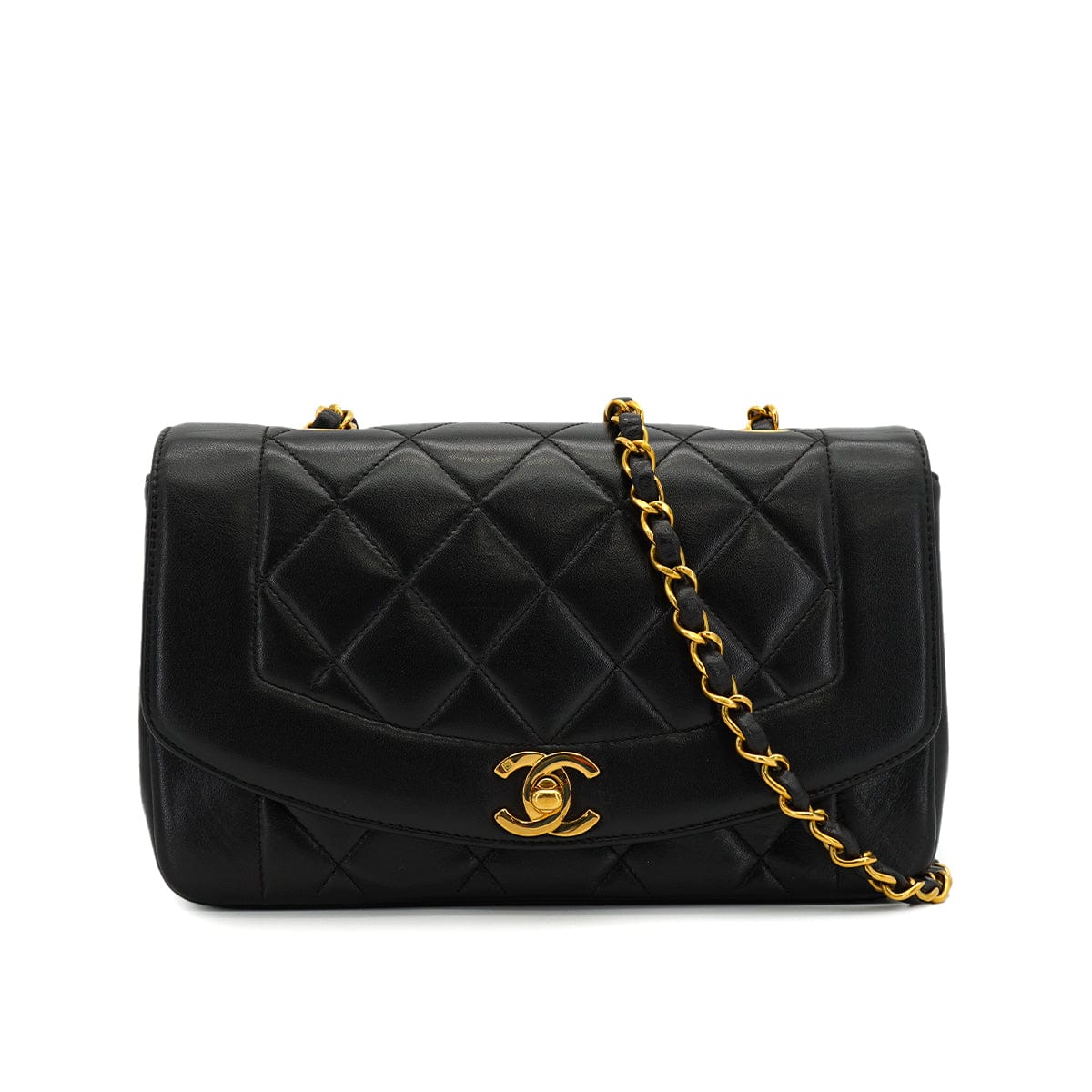 PURPOSE VINTAGE CHANEL DIANA SMALL CHAIN SHOULDER BAG BLACK LAMB SKIN GOLD HARDWARE 90327080