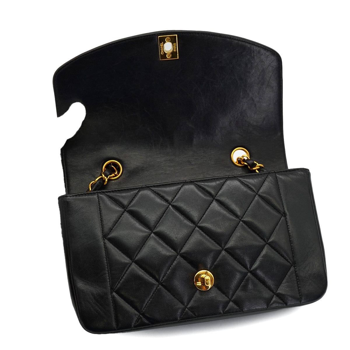 PURPOSE VINTAGE CHANEL DIANA SMALL CHAIN SHOULDER BAG BLACK LAMB SKIN GOLD HARDWARE 90327080
