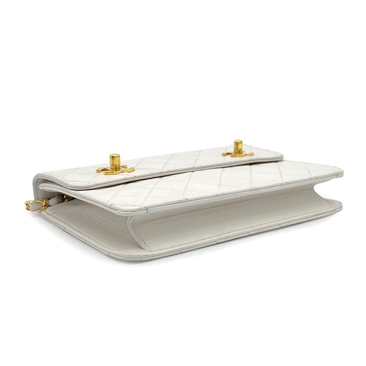 PURPOSE VINTAGE CHANEL DOUBLE TURN LOCK MATELASSE CHAIN SHOULDER HAND BAG WHITE LAMB SKIN GOLD HARDWARE 90325945
