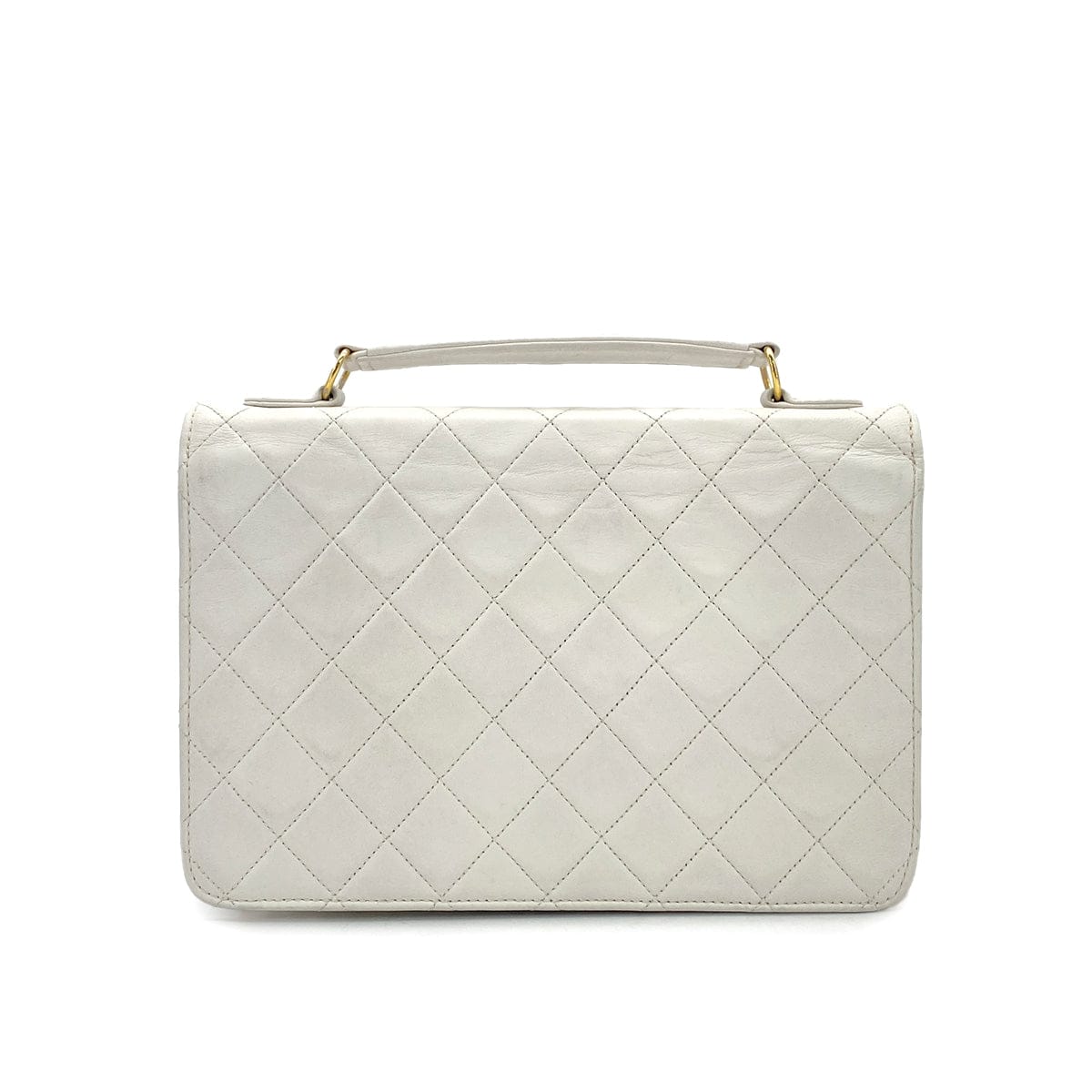 PURPOSE VINTAGE CHANEL DOUBLE TURN LOCK MATELASSE CHAIN SHOULDER HAND BAG WHITE LAMB SKIN GOLD HARDWARE 90325945
