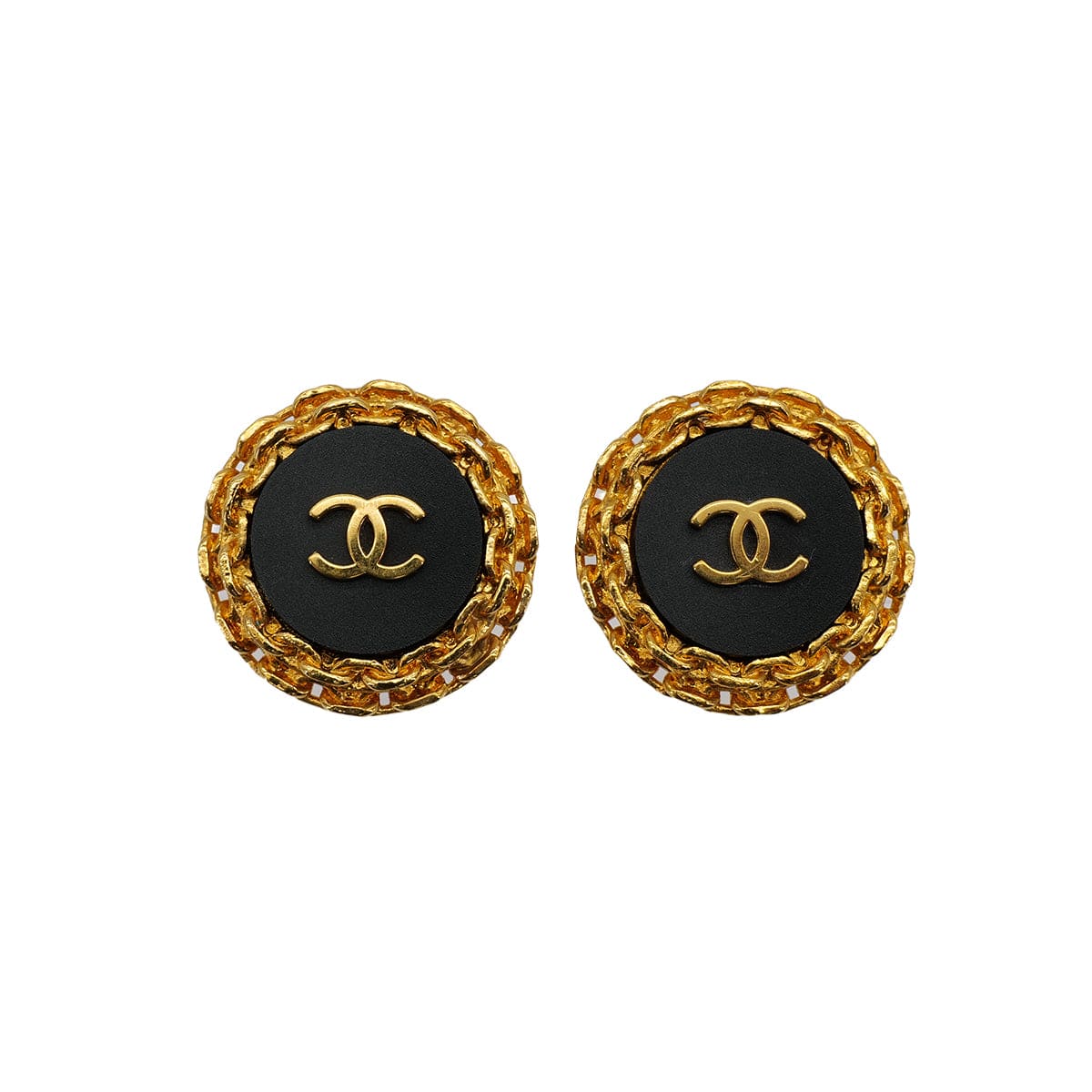 PURPOSE VINTAGE CHANEL EARRINGS COCOMARK CHAIN ROUND GOLD BLACK ACCESSORY 94P 90322137