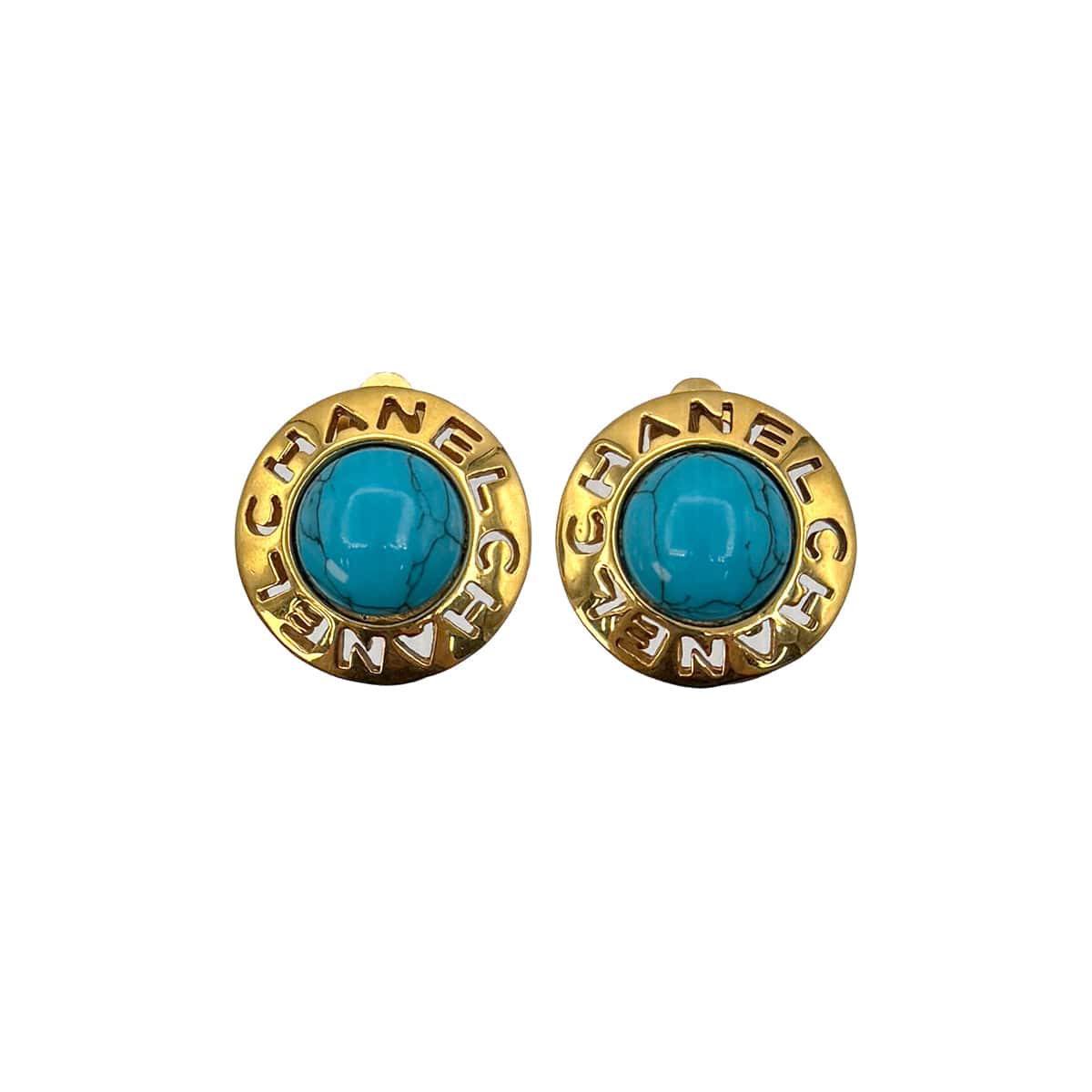 PURPOSE VINTAGE CHANEL EARRINGS LOGO TURQUOISE BLUE GOLD ACCESSORY 90323116