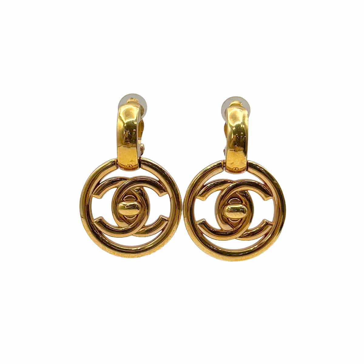 PURPOSE VINTAGE CHANEL EARRINGS TURN LOCK COCOMARK ROUND SWING GOLD ACCESSORY 97P 90322536