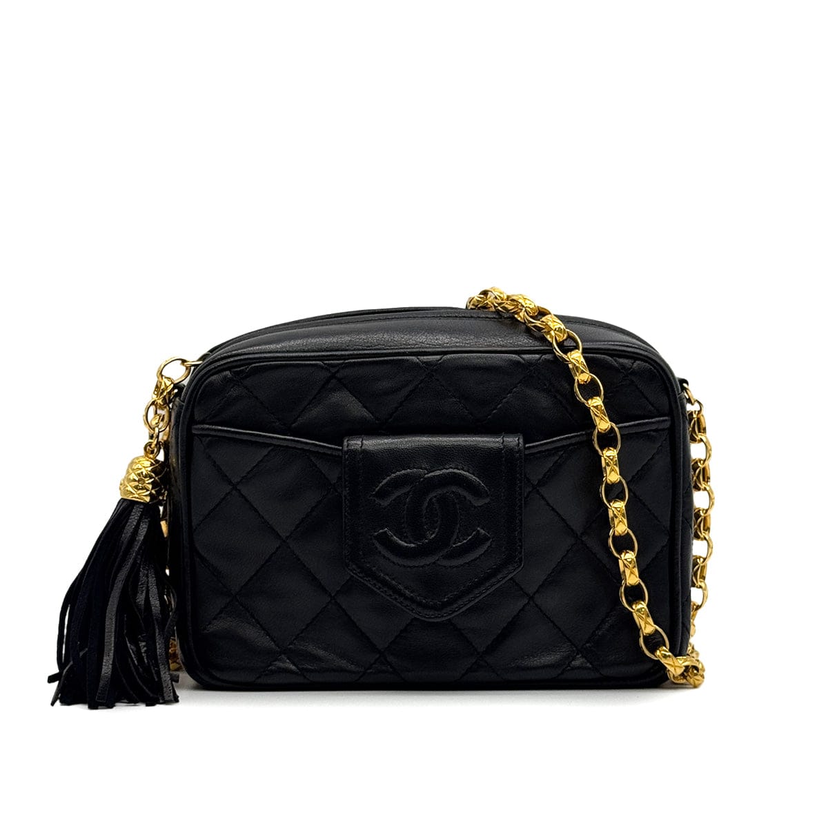 PURPOSE VINTAGE CHANEL FRINGE BIJOU CHAIN SHUOLDER BAG BLACK LAMB SKIN GOLD HARDWARE 90329217