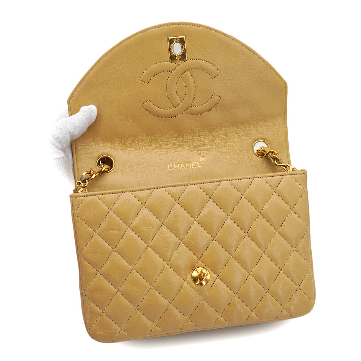 PURPOSE VINTAGE CHANEL HALF MOON CHAIN SHOULDER BAG BEIGE LAMB SKIN GOLD HARDWARE 90317895