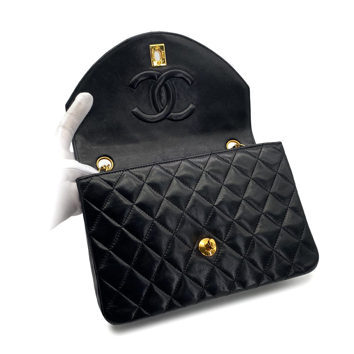PURPOSE VINTAGE CHANEL HALF MOON CHAIN SHOULDER BAG BLACK LAMB SKIN GOLD HARDWARE 90317923