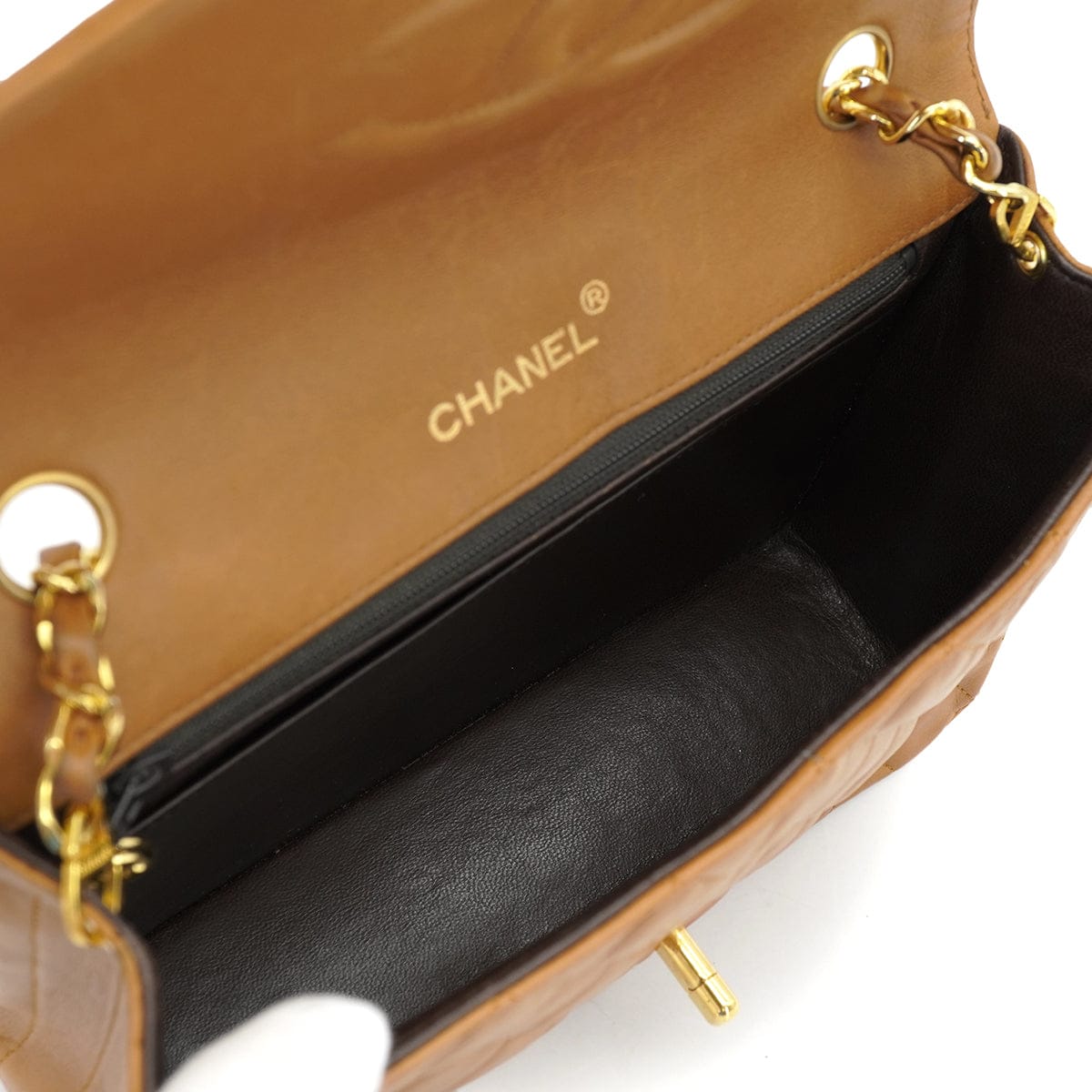 PURPOSE VINTAGE CHANEL HALF MOON CHAIN SHOULDER BAG BROWN LAMB SKIN GOLD HARDWARE 90318628