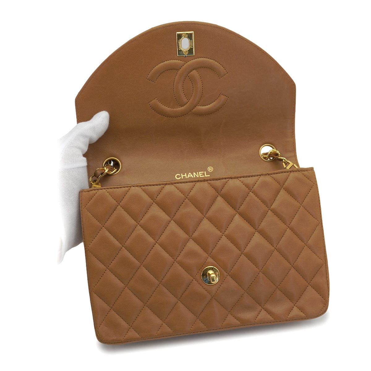 PURPOSE VINTAGE CHANEL HALF MOON CHAIN SHOULDER BAG BROWN LAMB SKIN GOLD HARDWARE 90318628