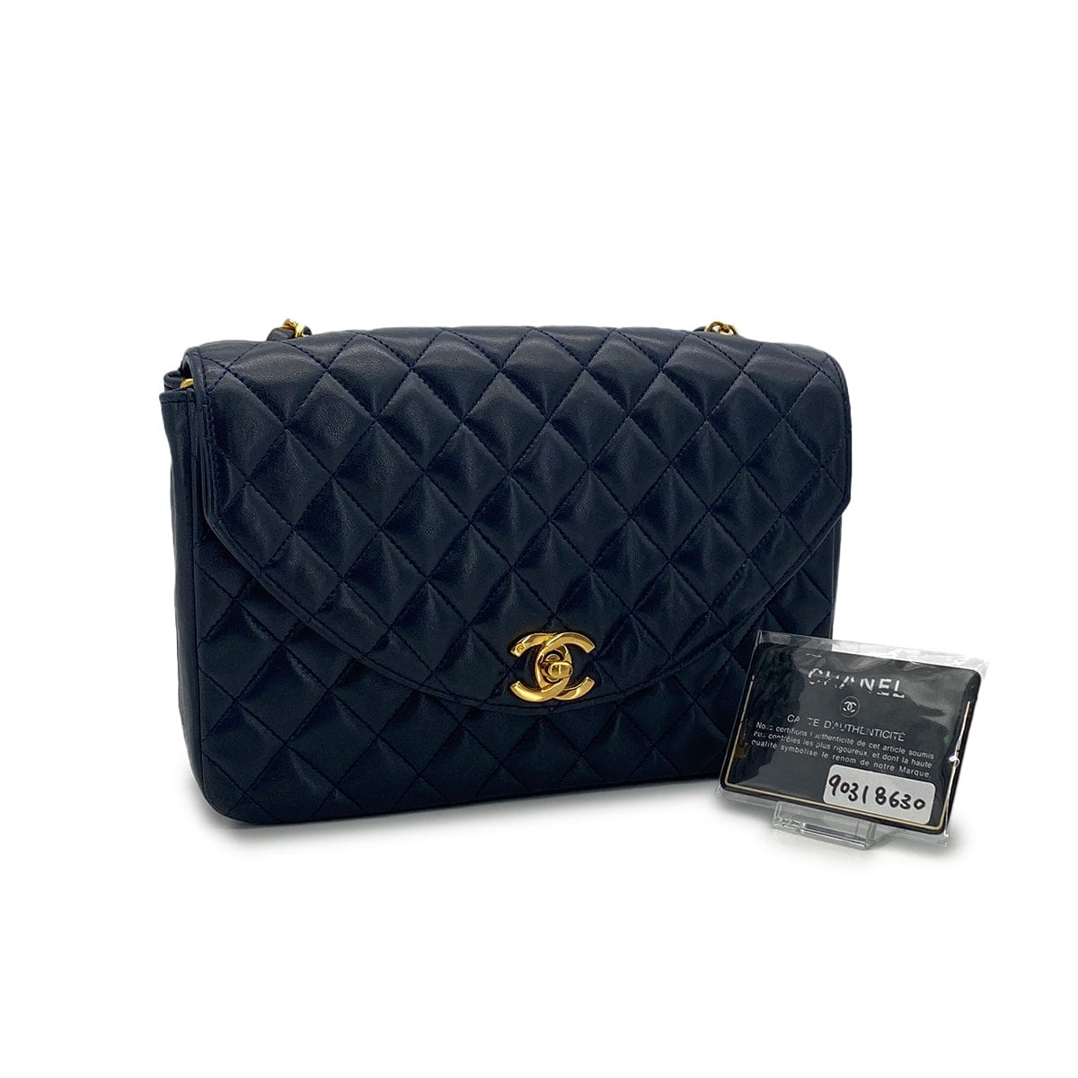 PURPOSE VINTAGE CHANEL HALF MOON CHAIN SHOULDER BAG NAVY LAMB SKIN GOLD HARDWARE 90318630
