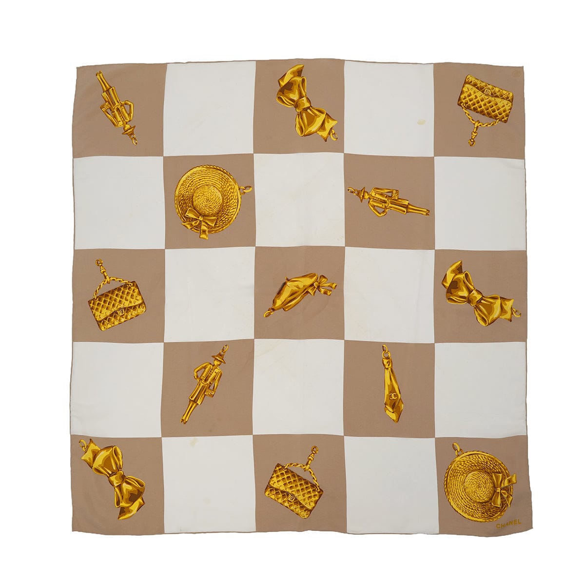 PURPOSE VINTAGE CHANEL ICON PATTERN SCARF BEIGE WHITE SILK 90322142