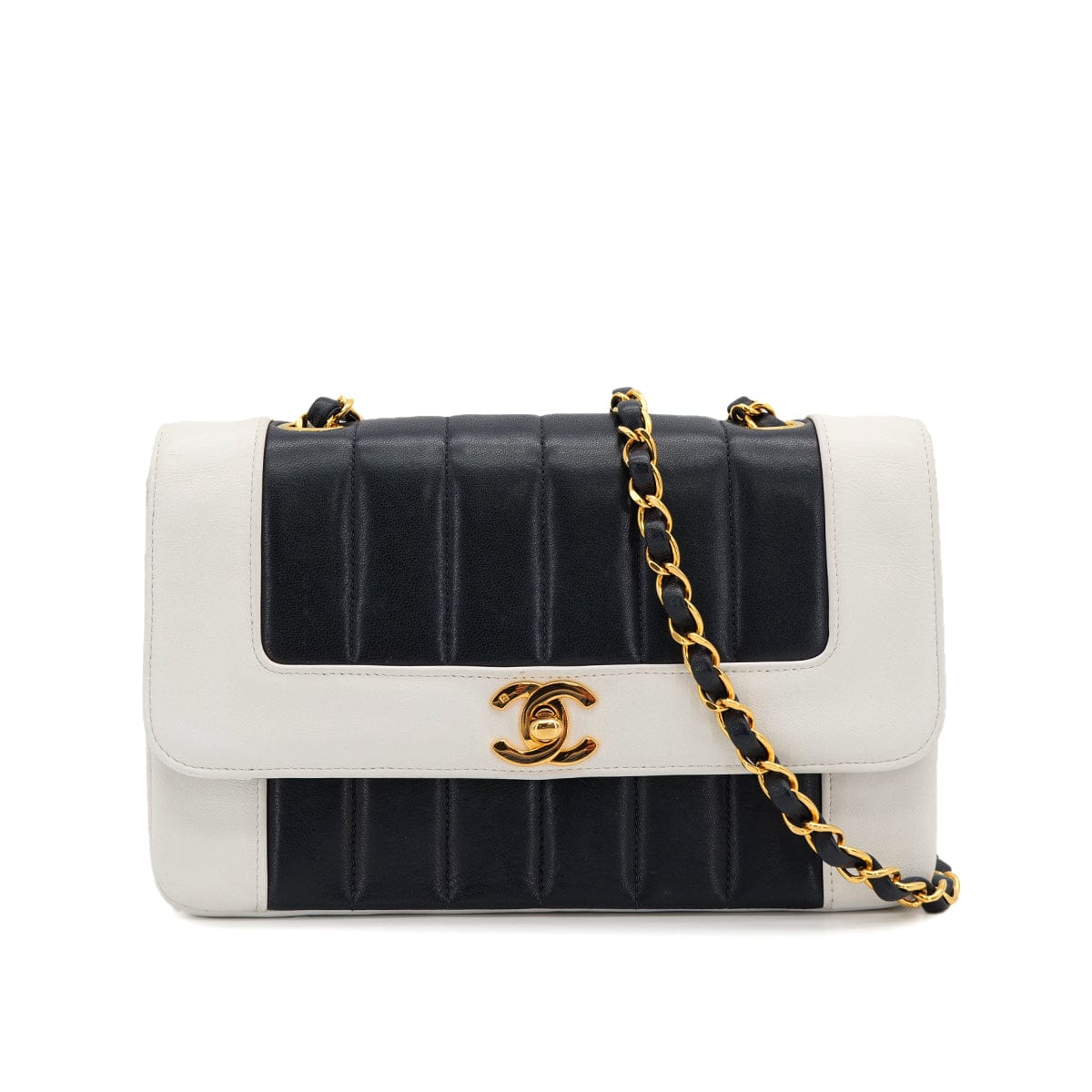 PURPOSE VINTAGE CHANEL MADEMOISELLE CHAIN SHOULDER BAG NAVY WHITE LAMB SKIN GOLD HARDWARE 90322940