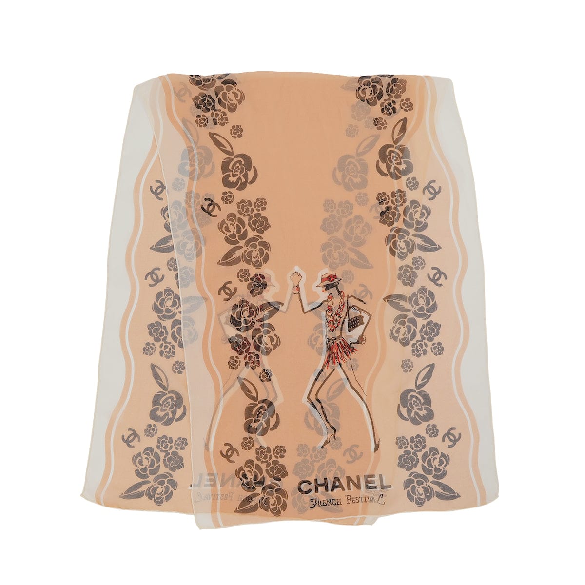 PURPOSE VINTAGE CHANEL MADEMOISELLE SCARF CAMELLIA COCOMARK PINK BEIGE SILK 90323491