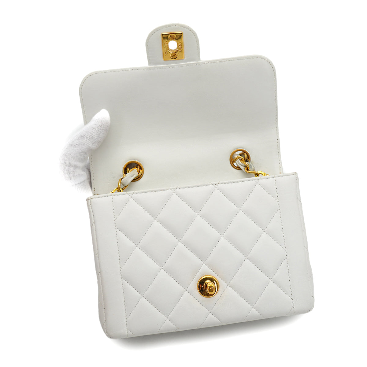 PURPOSE VINTAGE CHANEL MATELASSE BIG COCO CHAIN HAND BAG WHITE LAMB SKIN GOLD HARDWARE 90327091