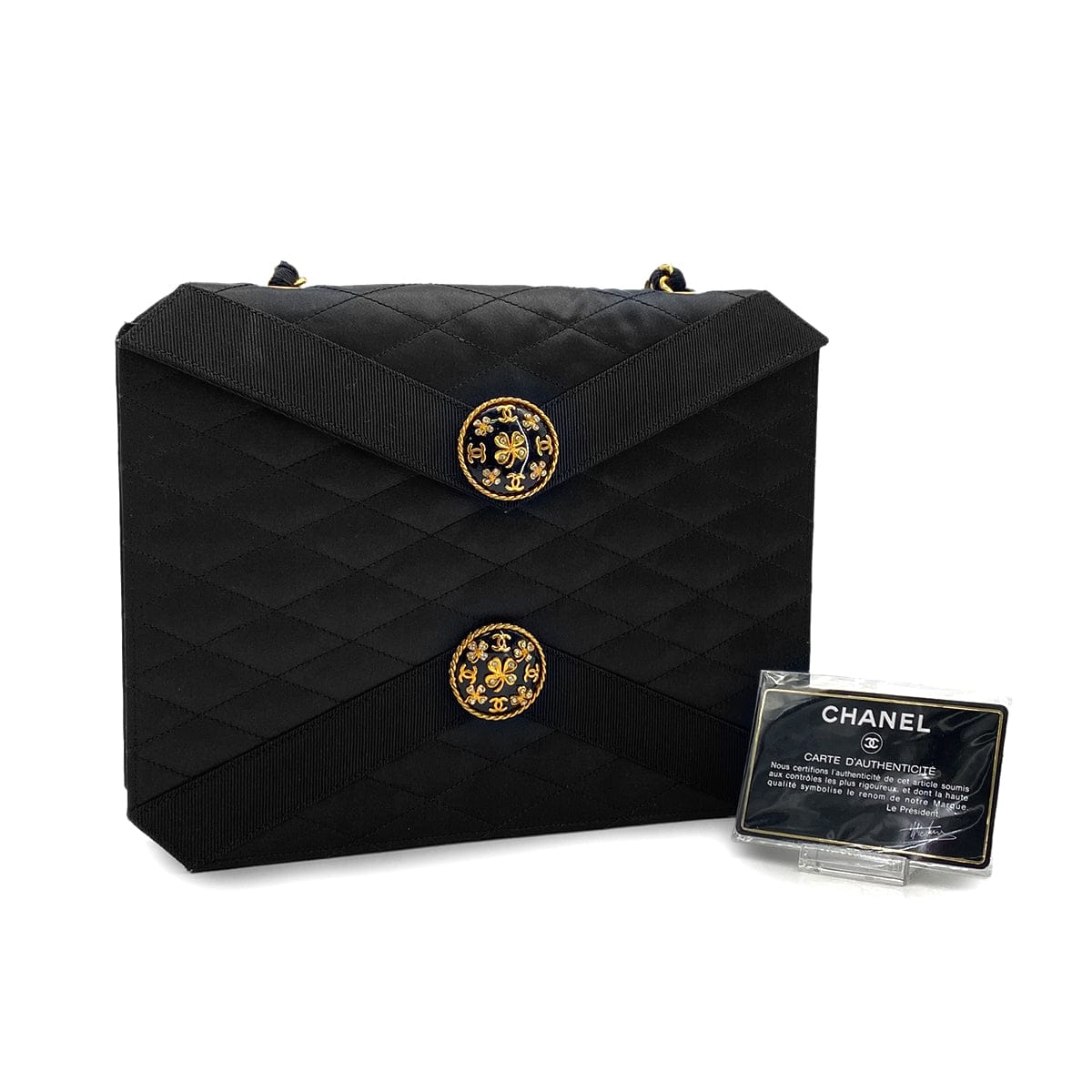 PURPOSE VINTAGE CHANEL MATELASSE CHAIN SHOULDER BAG BLACK SATIN GOLD HARDWARE 90327392
