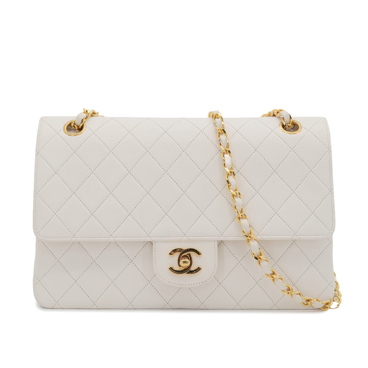 PURPOSE VINTAGE CHANEL MATELASSE CHAIN SHOULDER BAG WHITE LAMB SKIN GOLD HARDWARE 90314884