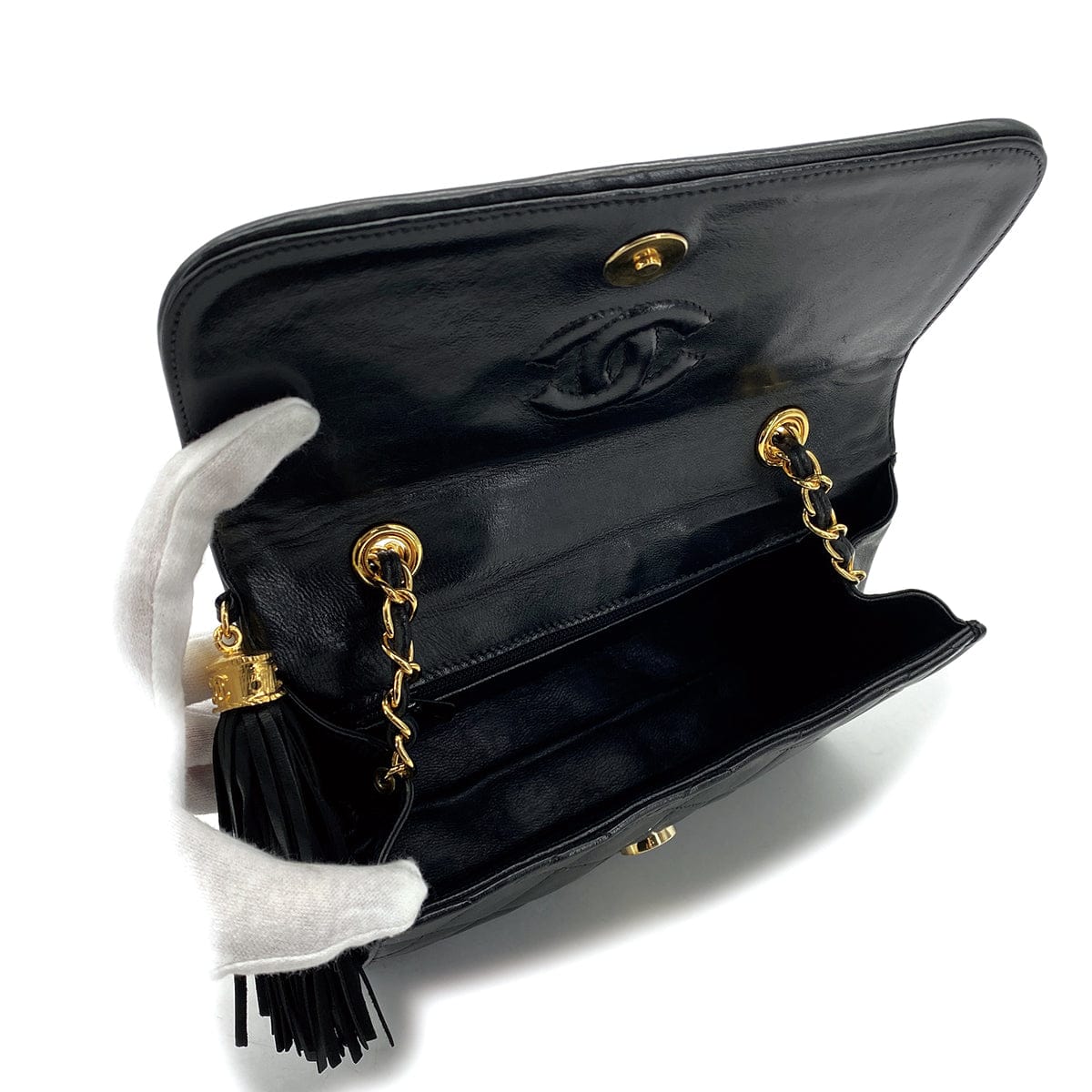 PURPOSE VINTAGE CHANEL MATELASSE FRINGE CHAIN SHOULDER BAG BLACK LAMB SKIN GOLD HARDWARE 90310297