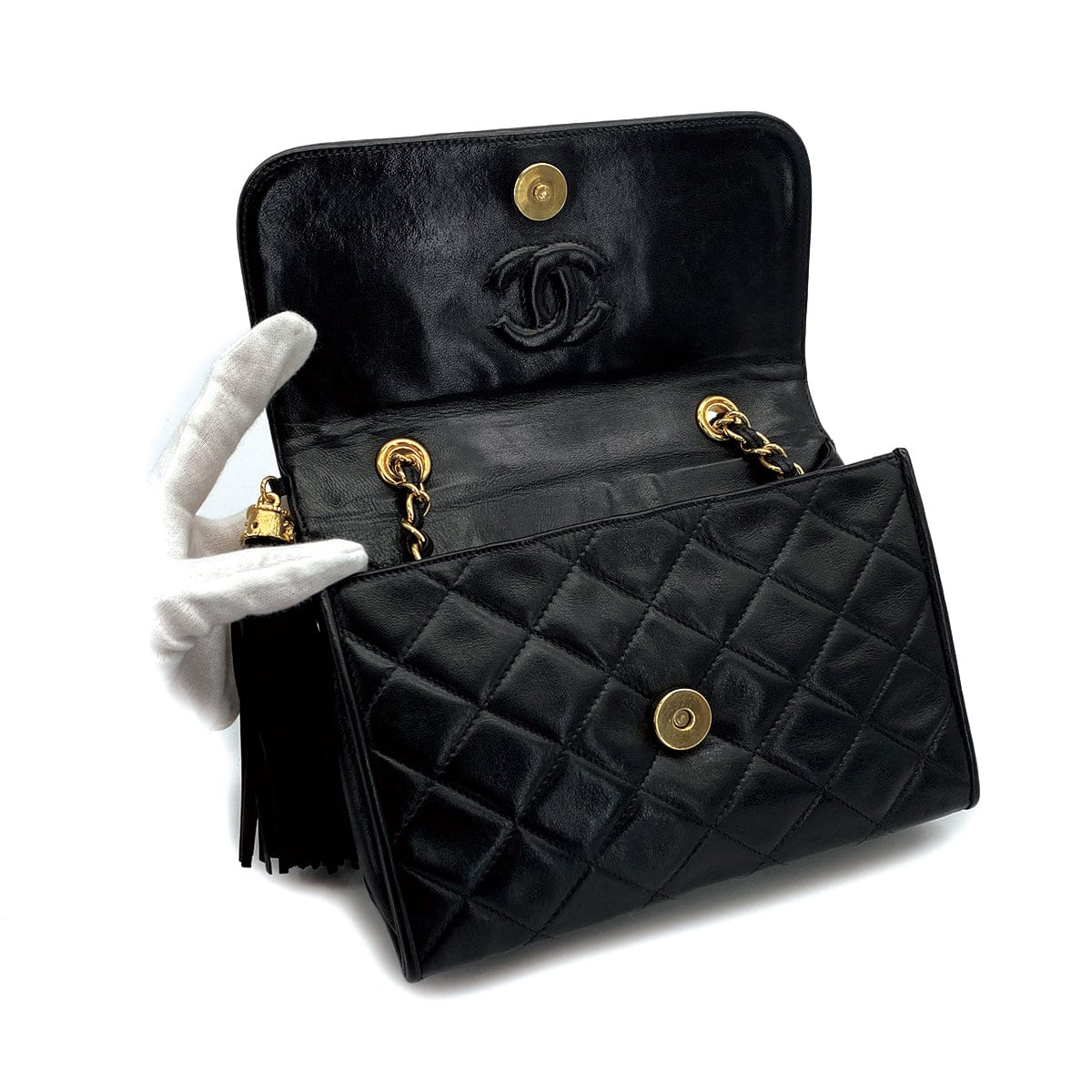 PURPOSE VINTAGE CHANEL MATELASSE FRINGE CHAIN SHOULDER BAG BLACK LAMB SKIN GOLD HARDWARE 90310297