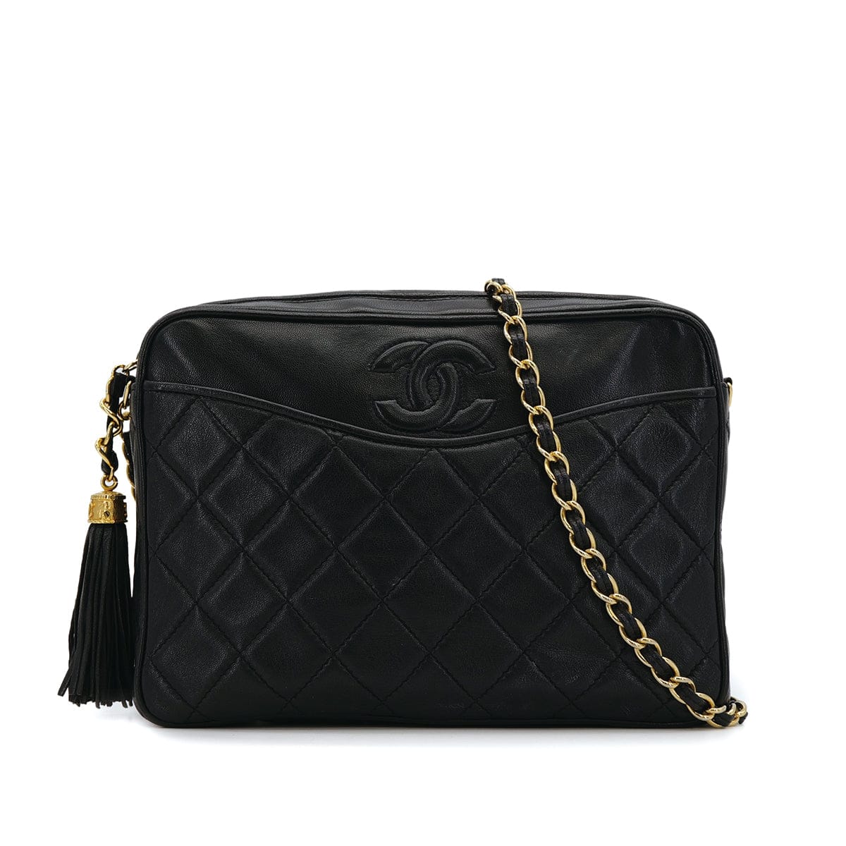 PURPOSE VINTAGE CHANEL MATELASSE FRINGE CHAIN SHOULDER BAG BLACK LAMB SKIN GOLD HARDWARE 90317007