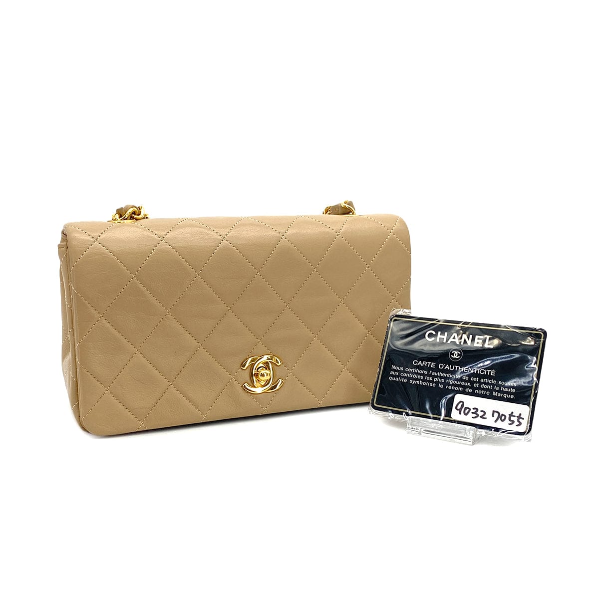 PURPOSE VINTAGE CHANEL MATELASSE FULL FLAP CHAIN SHOULDER BAG BEIGE LAMB SKIN GOLD HARDWARE 90327055