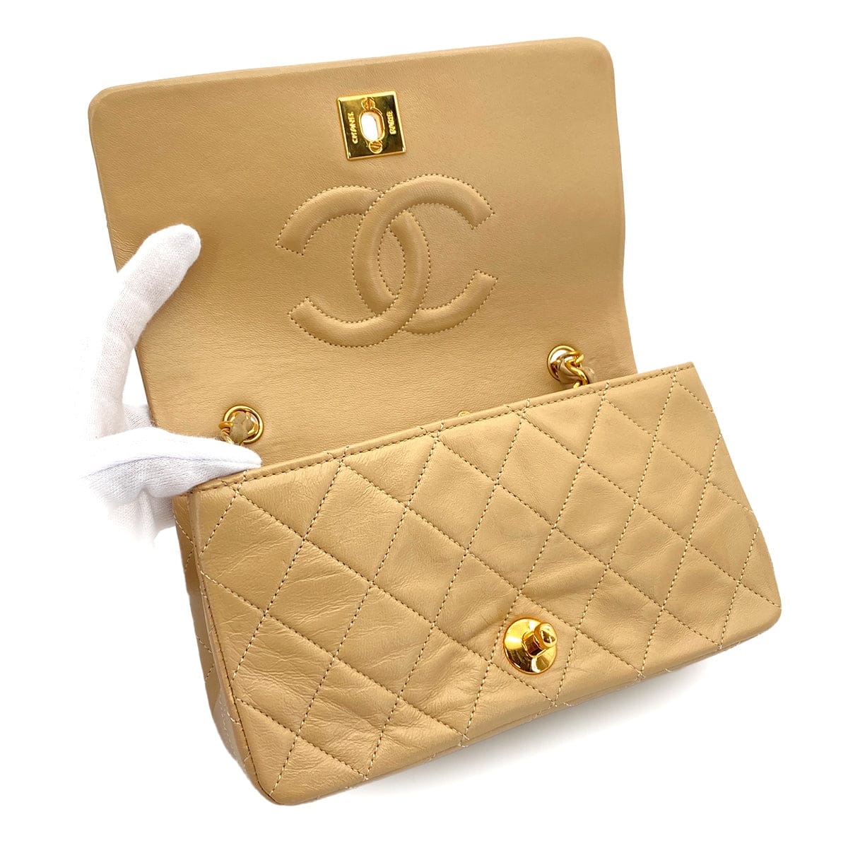 PURPOSE VINTAGE CHANEL MATELASSE FULL FLAP CHAIN SHOULDER BAG BEIGE LAMB SKIN GOLD HARDWARE 90327092