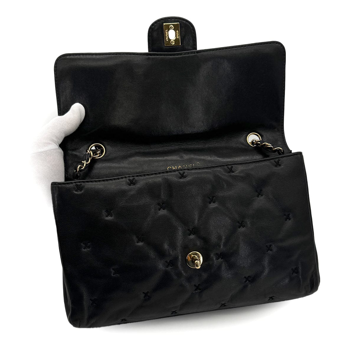 PURPOSE VINTAGE CHANEL MATELASSE STITCH CHAIN SHOULDER BAG BLACK LAMB SKIN GOLD HARDWARE 90322926