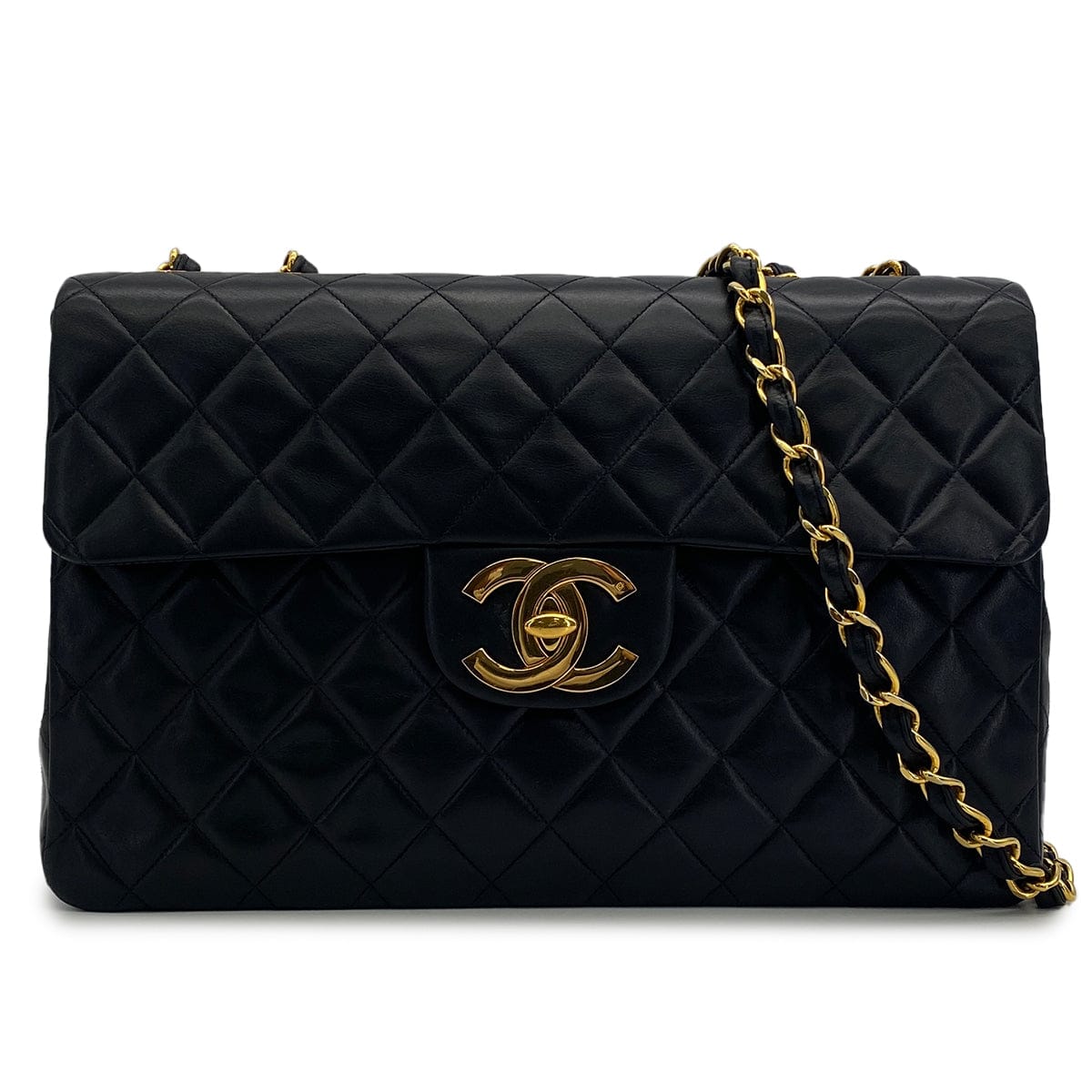PURPOSE VINTAGE CHANEL MAXI MATELASSE 34 CHAIN SHOULDER BAG BLACK LAMB SKIN GOLD HARDWARE 90317878