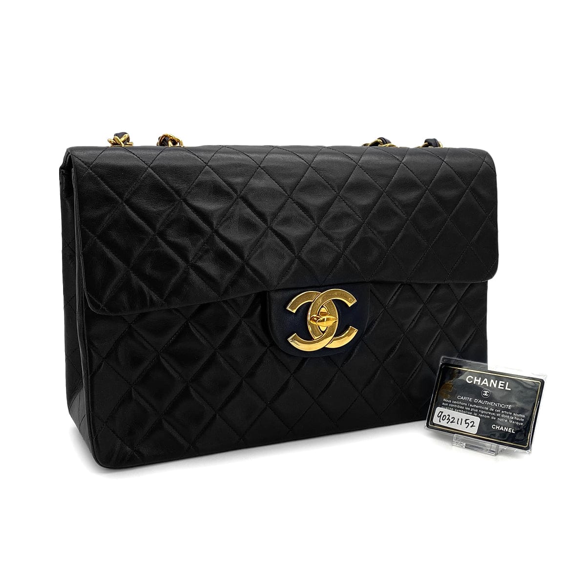 PURPOSE VINTAGE CHANEL MAXI MATELASSE 34 CHAIN SHOULDER BAG BLACK LAMB SKIN GOLD HARDWARE 90321152