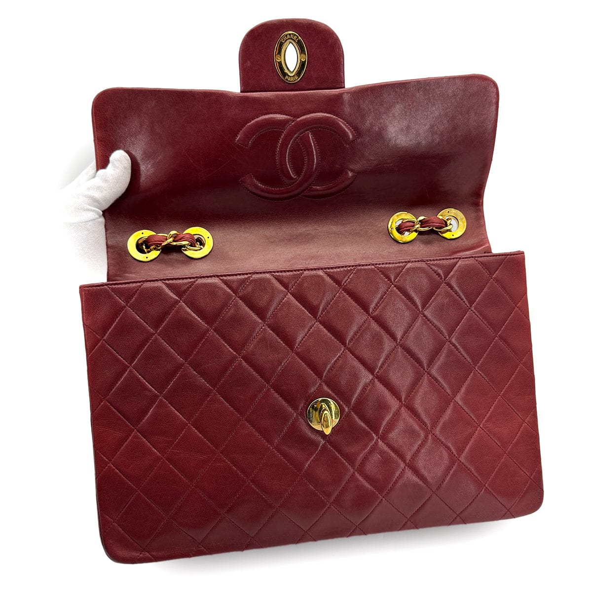 PURPOSE VINTAGE CHANEL MAXI MATELASSE 34 CHAIN SHOULDER BAG BORDEAUX LAMB SKIN GOLD HARDWARE 90318629