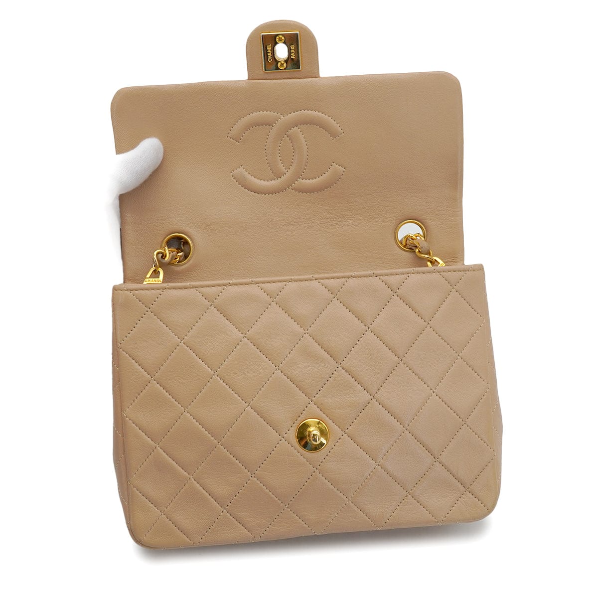 PURPOSE VINTAGE CHANEL MINI MATELASSE CHAIN SHOULDER BAG BEIGE LAMB SKIN GOLD HARDWARE 90326859