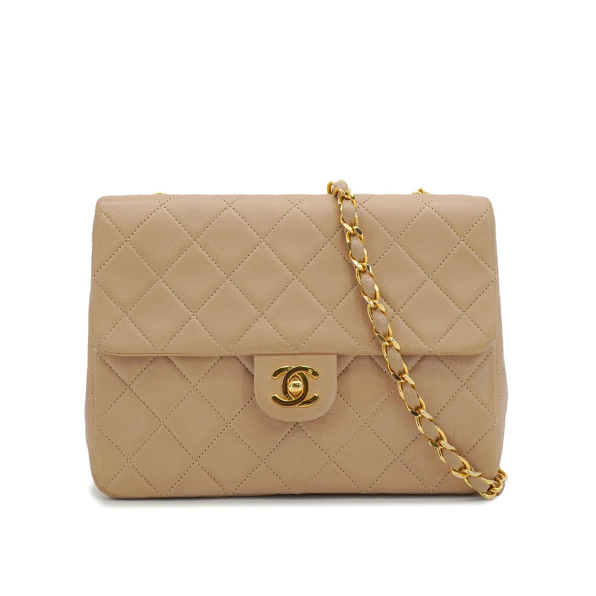 PURPOSE VINTAGE CHANEL MINI MATELASSE CHAIN SHOULDER BAG BEIGE LAMB SKIN GOLD HARDWARE 90326859