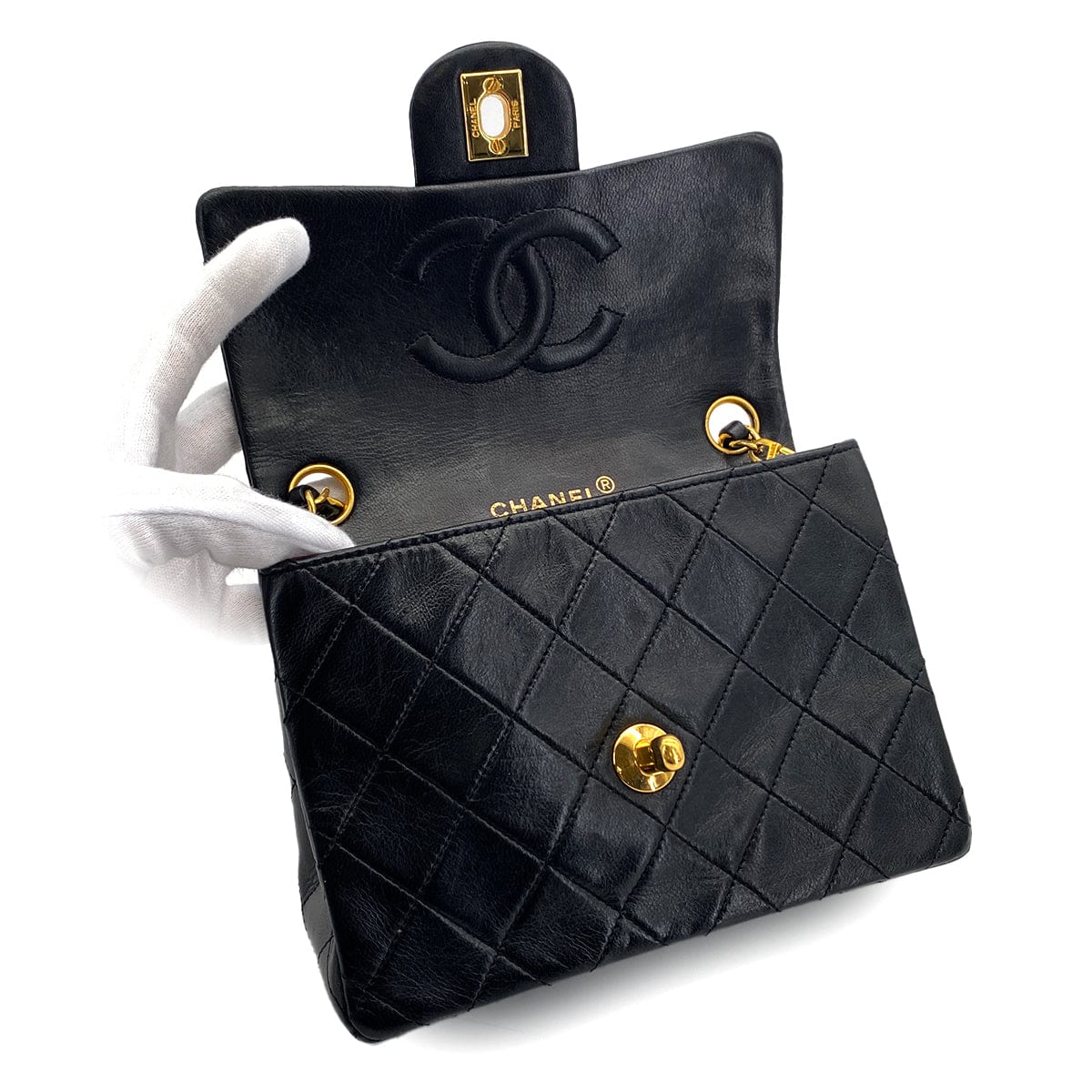PURPOSE VINTAGE CHANEL MINI SQUARE 17 CHAIN SHOULDER BAG BLACK LAMB SKIN GOLD HARDWARE 90327281