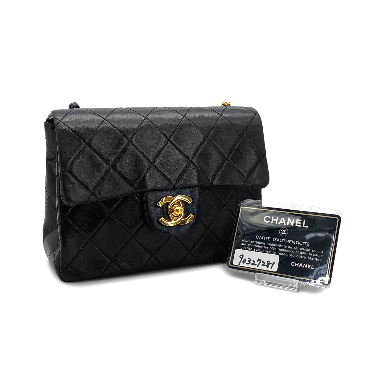 PURPOSE VINTAGE CHANEL MINI SQUARE 17 CHAIN SHOULDER BAG BLACK LAMB SKIN GOLD HARDWARE 90327281
