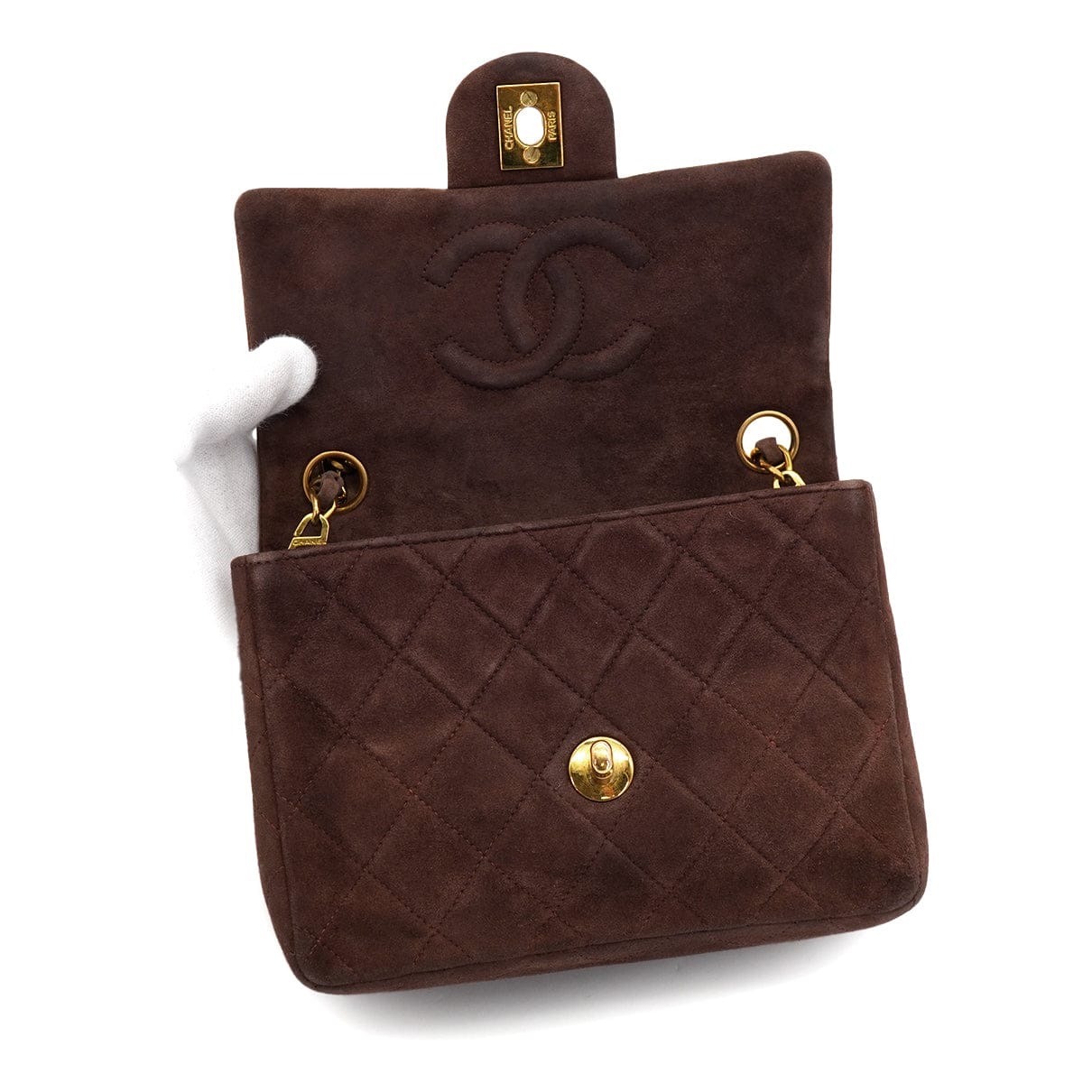 PURPOSE VINTAGE CHANEL MINI SQUARE 17 CHAIN SHOULDER BAG BROWN SUEDE GOLD HARDWARE 90326852