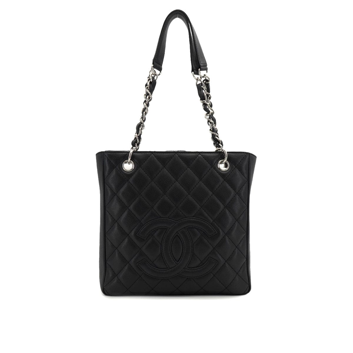 PURPOSE VINTAGE CHANEL PST CHAIN TOTE BAG BLACK CAVIAR SKIN SILVER HARDWARE 90327085