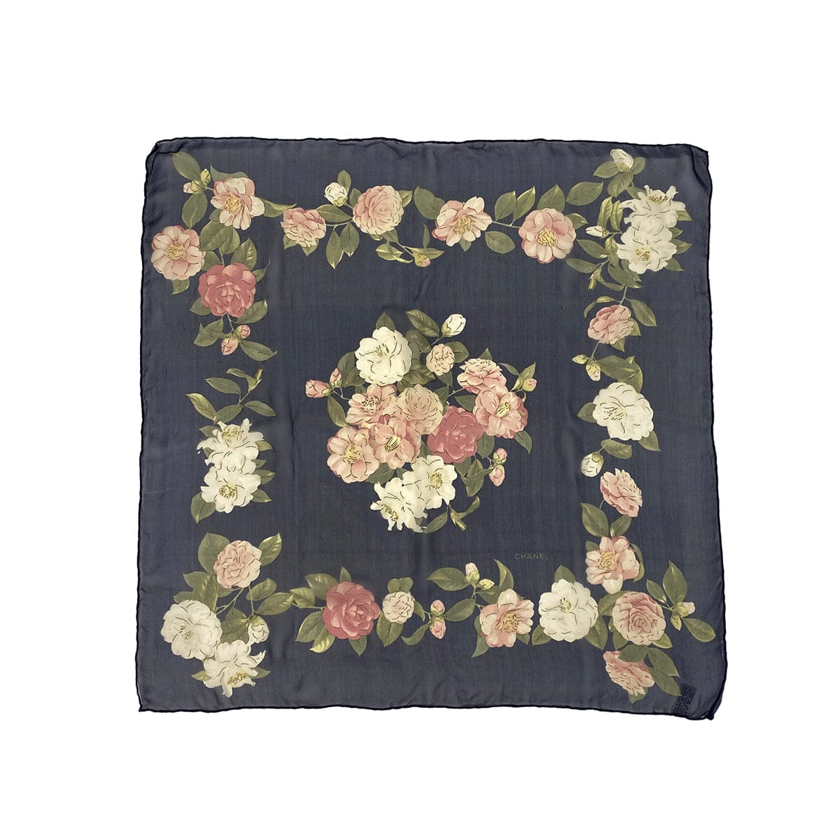 PURPOSE VINTAGE CHANEL SCARF CAMELLIA LOGO NAVY PINK SILK 90322057