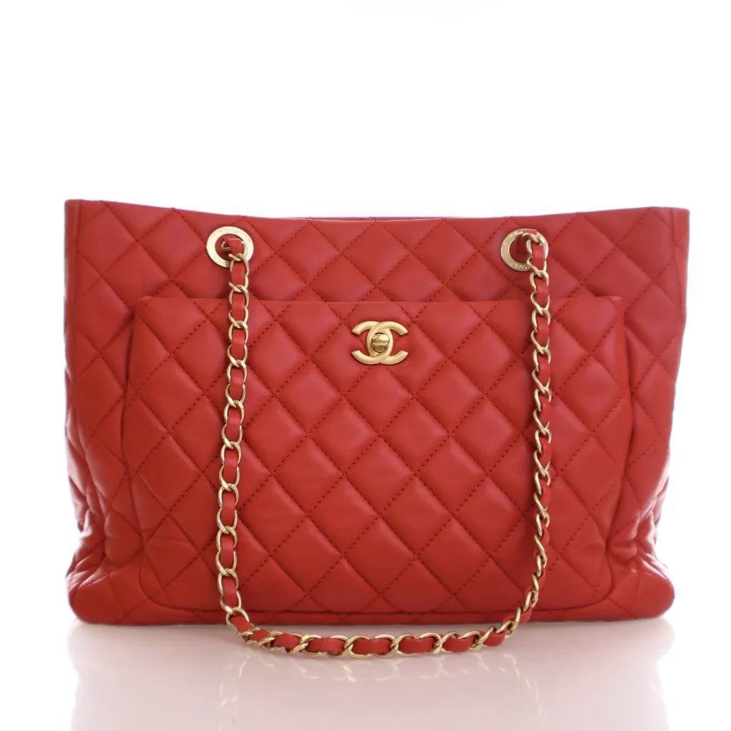 Chanel Red Lambskin Quilted Shopping Tote