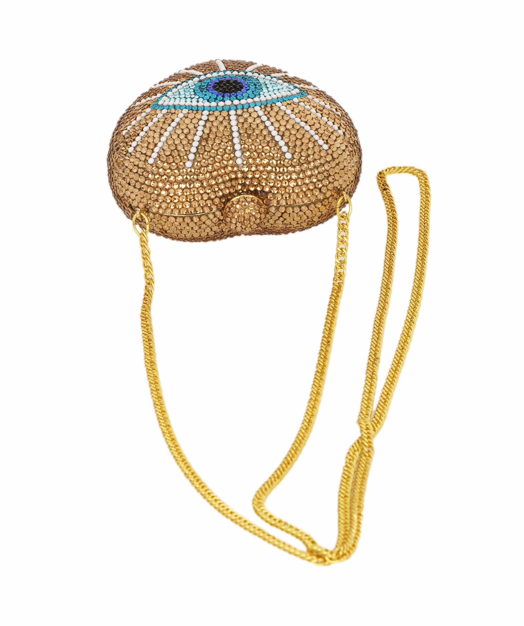 Ruya Customisable RÜYA Heart Shape bag with a gold crystal finish and evil eye motif design AKC0731
