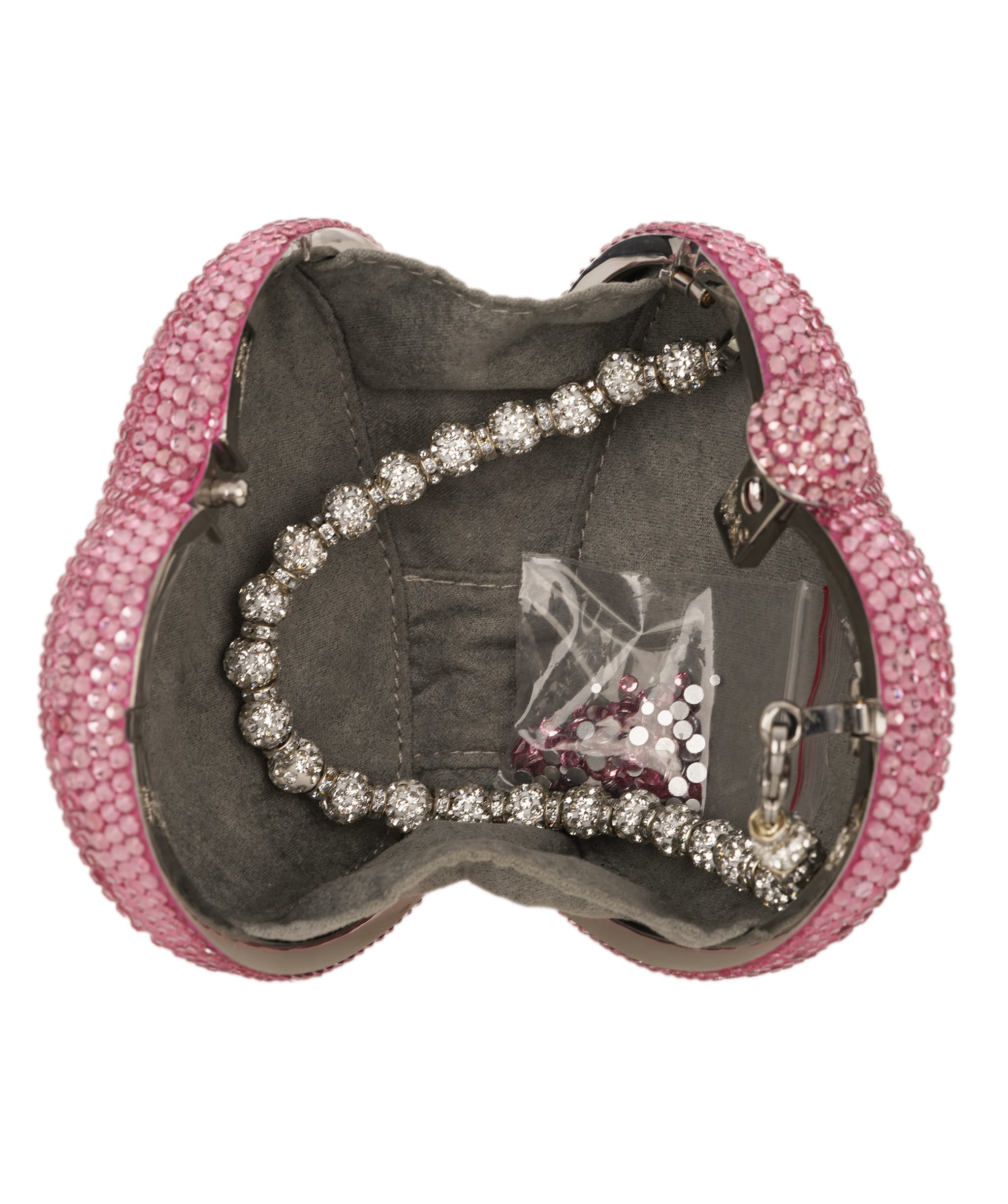 Ruya Customisable RÜYA Heart Shape bag with a light pink crystal finish and silver personalised lettering AKC0729