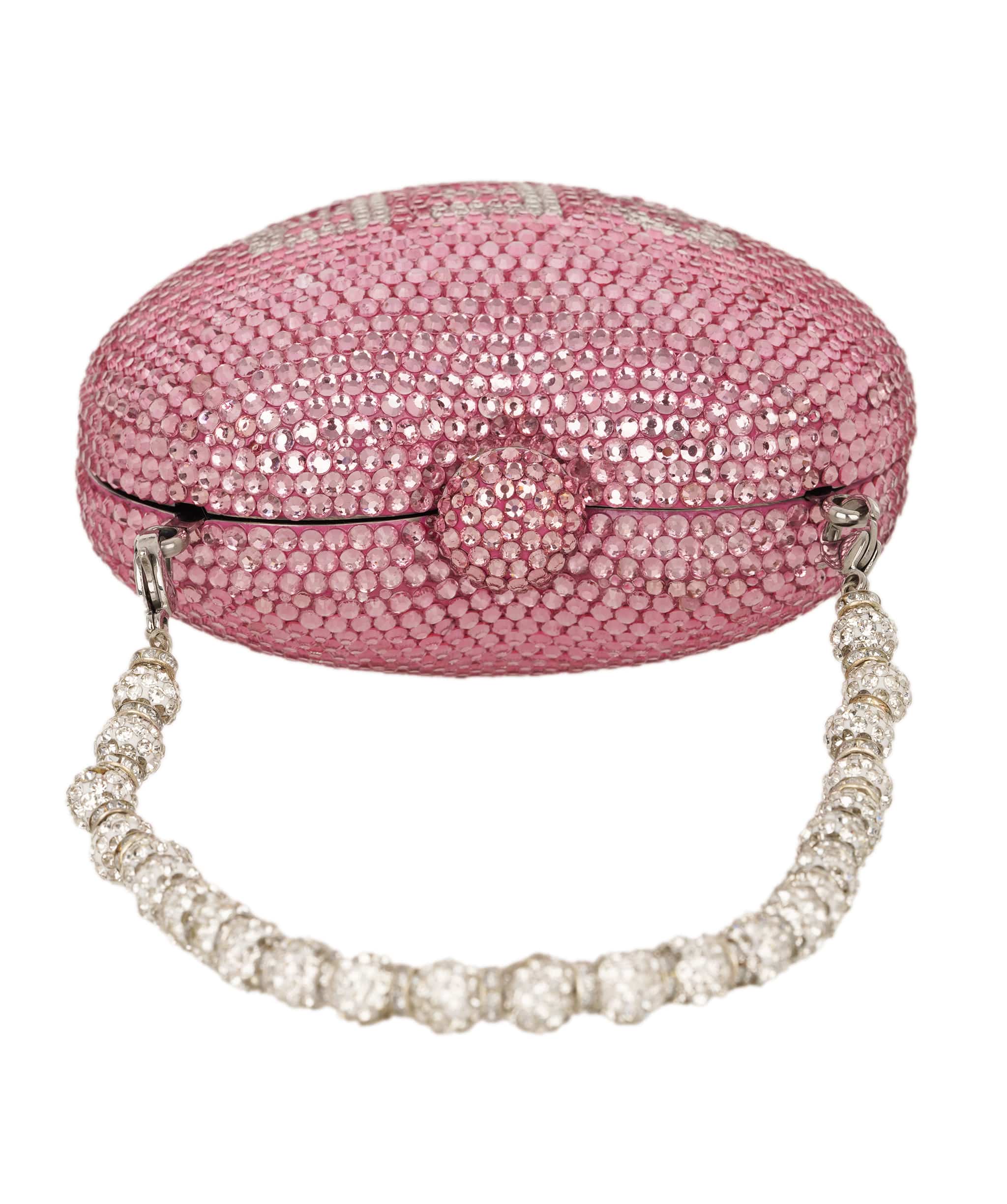 Ruya Customisable RÜYA Heart Shape bag with a light pink crystal finish and silver personalised lettering AKC0729